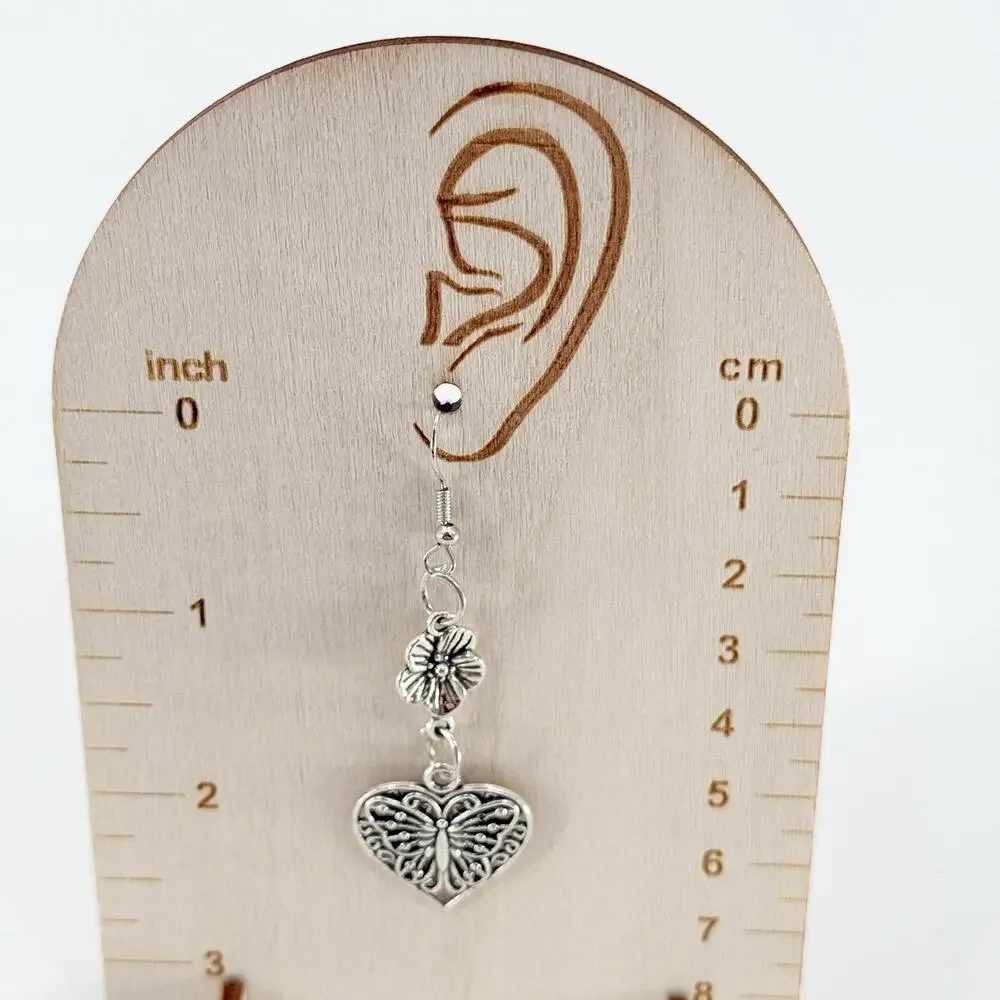 Silver Butterfly Heart Dangle Earrings | Floral Romantic Vintage Style